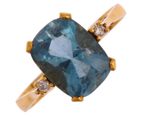 A 14ct gold aquamarine and diamond ring, set with cushion-cut aquamarine and modern round brilliant-cut diamonds, setting hei
