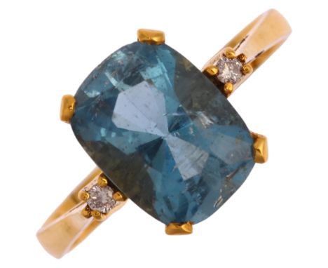 A 14ct gold aquamarine and diamond ring, set with cushion-cut aquamarine and modern round brilliant-cut diamonds, setting hei