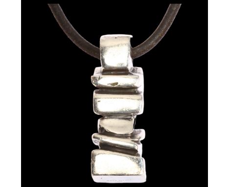 ANETTE KRAEN - a large and heavy Danish brutalist sterling silver abstract pendant necklace, on leather cord chain, pendant h