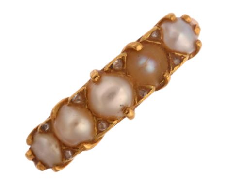An early 20th century 18ct gold graduated five stone split pearl half hoop ring, with rose-cut diamond accents, setting heigh