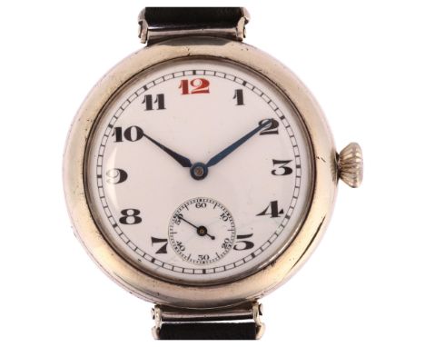 LONGINES - an early 20th century silver Officer's style mechanical wristwatch, circa 1920s, white enamel dial with hand paint