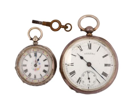 2 silver open-face key-wind pocket watches, including Waltham model, largest case width 52mm, not currently working (2)Lot so