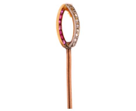 An Art Deco ruby and diamond ellipse? stickpin, unmarked gold settings with calibre-cut rubies and rose-cut diamonds, head 12
