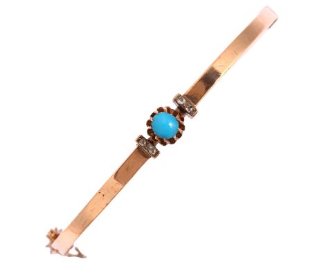 A 14ct rose gold turquoise glass and diamond hinged bangle, tongue stamped with maker's mark, band width 3.3mm, internal circ