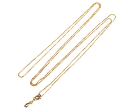 An Antique foxtail link long guard chain, unmarked gold, with unmarked dog clip, length 140cm, 29.1gA few links lightly bent 