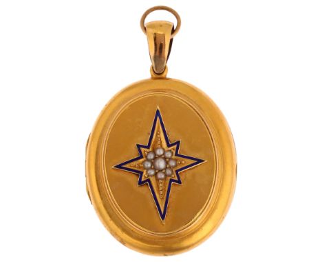 A Victorian split pearl and blue enamel star locket pendant, unmarked gold settings, pendant height 53.1mm, 15.2g grossEnamel