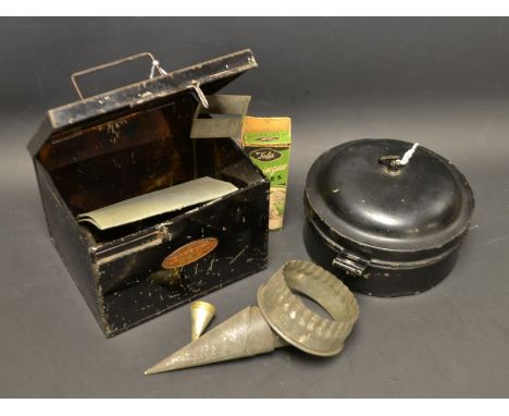 A Victorian circular Toleware spice box; another, bearing Trade Castle 'Sirram', containing cake making utensils