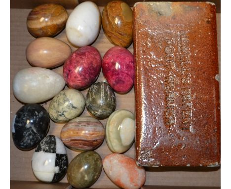 A salt glazed stoneware advertising bed warmer; a selection of colourful hardstone polished eggs (1 box)