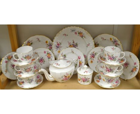 A Royal Crown Derby Posies pattern tea service, comprising 27cm plate, 21cm plates, 16cm plates, teapot, preserve pot, cups a