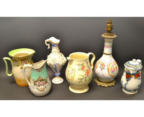 A Royal Doulton Dickens ware Tony Weller jug; a Losol ware Chandos pattern teapot; a ceramic table lamp; jugs (6)