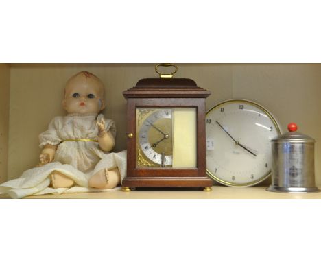 A modern chiming mantel bracket type clock, by Cope Jewelers; a wall clock, Westclox; a Pedigree doll; a chrome tea caddy (4)