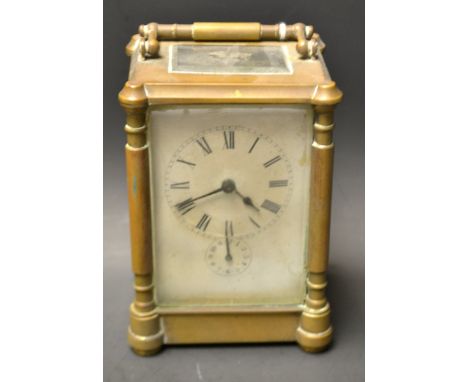 A French lacquered brass five glass carriage clock, white rectangular enamel dial, Roman numerals, subsidiary seconds dial, s
