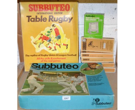 Subbuteo - Table Rugby International Edition boxed set;  other teams, C115 Score board, etc;  a Table Cricket Club Edition se