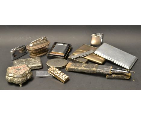 A Ronson pocket cigarette lighter; a chrome lighter with torch; others; cigarette case; qty
