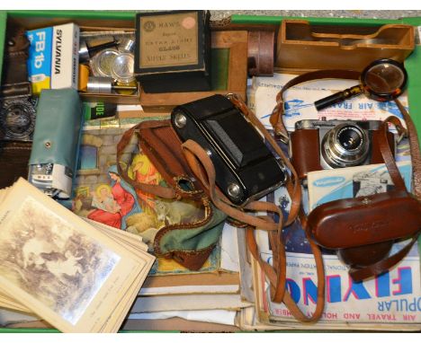 Boxes and Objects - A Voightlander camera; another;popular flying magazines c.1930`s; a Victory nativity jigsaw; Maw`s superi