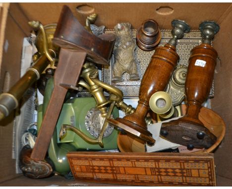 A pair of brass fire dogs; stereoscopic viewer; novelty bear money bank; inlaid cribbage board; inlaid box; qty (1 box)