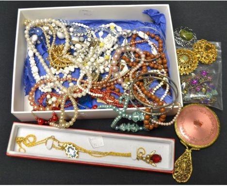 A box of costume jewellery; an enamel ER mirror; etc.