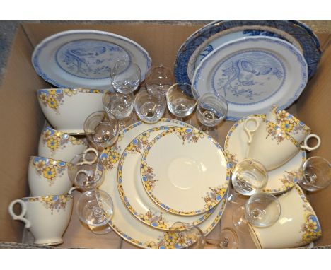 Ceramics & Glass- A Crownford pottery Art Deco six setting tea service;  a pair of blue & white plates;  drinking glasses etc