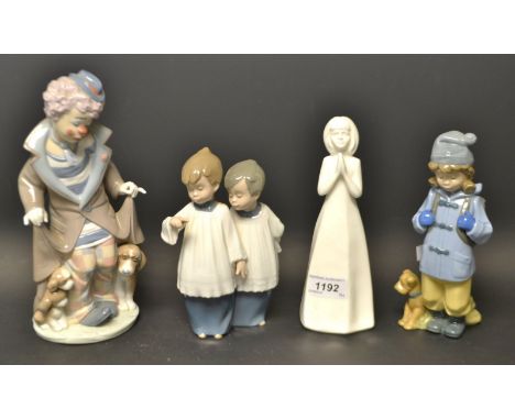 A Lladro figure of a clown with puppies; a Nao figurine of a girl with puppy and rucksack;  another, two choir boys;  a Royal