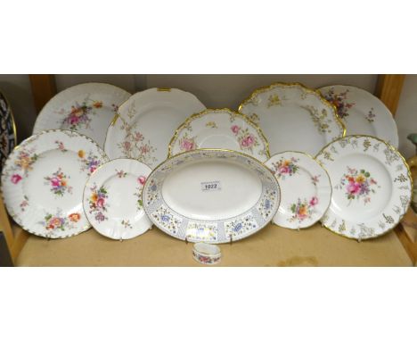 A Royal Crown Derby - A Pinxton rose fluted dessert plate,gold back stamp; a Royal St James 27cm plate, another Devonshire; a