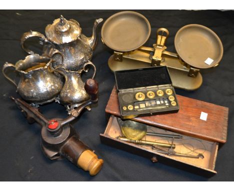 Boxes and Objects- a set of scales,cased; another ; a set of kitchen scales; a three piece plated tea service; a kitchen slic