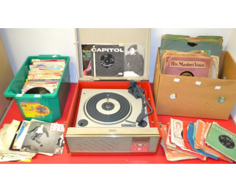 An Alba Best Sounds Reproduced vintage table top record player, qty of 45rpm singles, 78s etc inc The Beatles, Small Faces, S