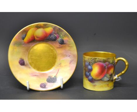 A Royal Worcester demitasse  cup and saucer, ripe fruit, cup signed by H.G. Morley, saucer by  H. Price.