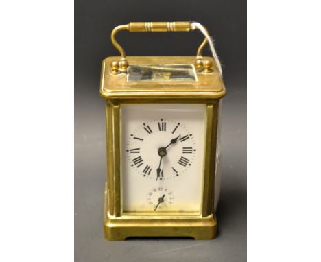 A French lacquered brass five glass carriage clock, white rectangular enamel dial, subsidiary seconds dial, Roman numerals, s