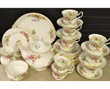 A Royal Albert Moss Rose pattern tea service for six inc teapot, cake plate, cups, saucers etc 