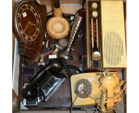 A vintage white cradle telephone, another black;  a Pye radio, an Art Deco mantle clock, tray, chrome jug, matchboxes, etc qt