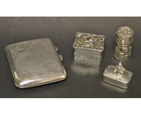 A late Victorian silver cigarette case, vacant central cartouche, London 1880; a modern sterling silver pill box with teddy b