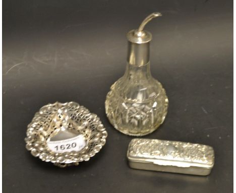 A silver pierced heart shaped dish; an oil bottle with a silver top; a white metal snuff box (3)
