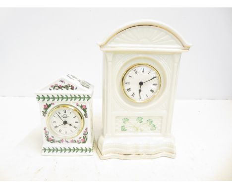 A ceramic Belleek Mantle Clock together with a Portmeirion Ceramic Clock - Belleek 24cm