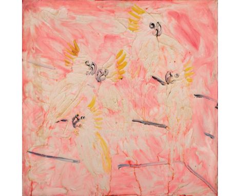 Hunt Slonem (American/Louisiana, b. 1951) , "Major Mitchels Cockatoos", 1996, oil on canvas, signed, titled, dated and inscri