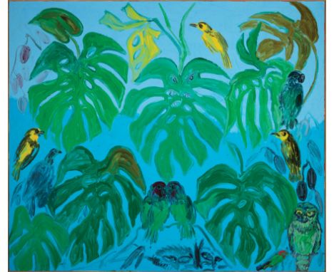 Hunt Slonem (American/Louisiana, b. 1951) , "Monstera with Owl", 1998, oil on canvas, signed, titled, dated and inscribed en 