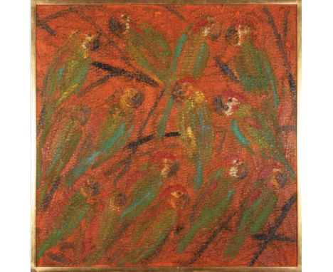 Hunt Slonem (American/Louisiana, b. 1951) , "Cherry Conures", 2001/2005, oil on canvas, signed, titled and dated "2001" en ve