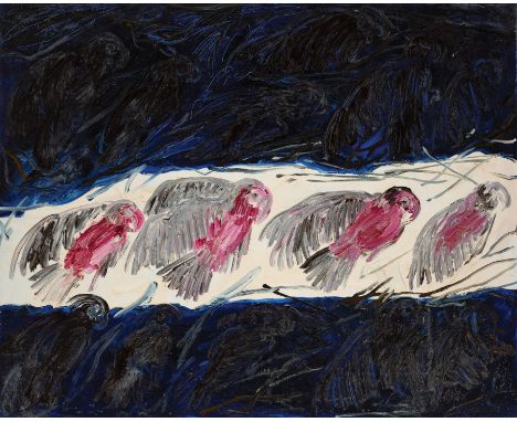Hunt Slonem (American/Louisiana, b. 1951) , "Flight Cockatoos", 1995, oil on canvas, signed, titled and dated en verso, 62 in