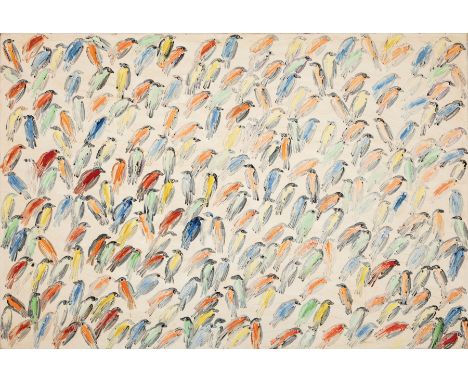 Hunt Slonem (American/Louisiana, b. 1951) , "Finches 303", 2004, oil on canvas, signed, titled and dated en verso, 45 3/4 in.