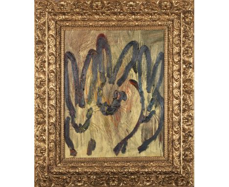 Hunt Slonem (American/Louisiana, b. 1951) , "Untitled (Three Bunnies)", 2014, oil on wood, signed, dated and inscribed en ver