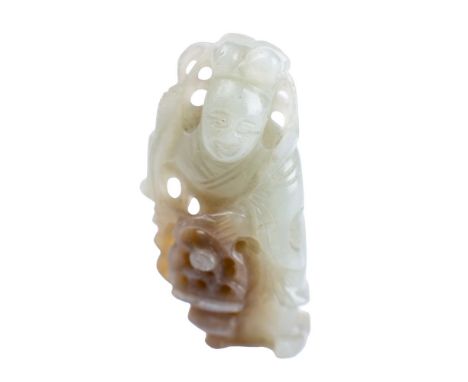 A Chinese carved celadon jade figure, possibly Guanyin holding a censer, 5.5cm high.