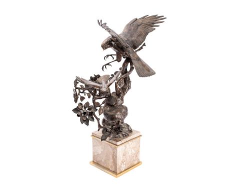 Royal Worcester bronze study of a sparrow hawk and bullfinch modelled by James Alder, mounted on a polished marble plinth 63c