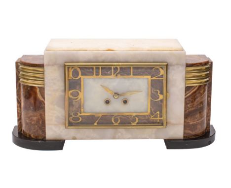 A marble Art Deco mantel clock,  the eight-day duration movement striking the hours and half-hours on a bell with an outside 