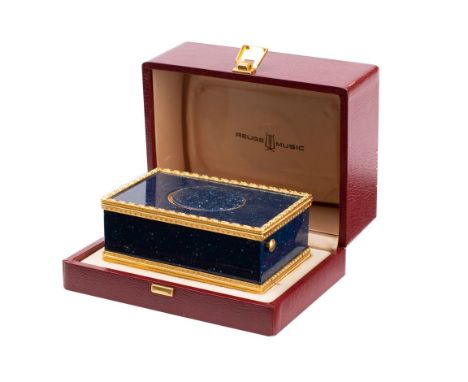 Reuge Music, a Swiss musical box, the flip-up feather covered bird with moving beak and wings,  in an enamel and gilt metal c