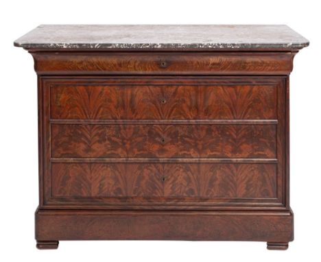 A Louis Philippe mahogany and marble topped commode, circa 1840; the mottled dark grey and white top with reeded edges, above
