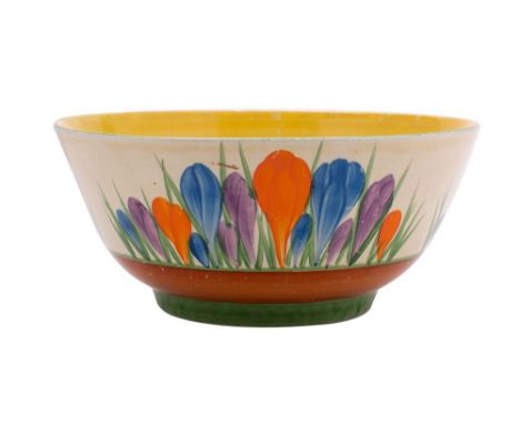 A Clarice Cliff bowl decorated in the 'Autumn Crocus' pattern, printed 'Bizarre' factory marks, inscribed in green 'Crocus', 