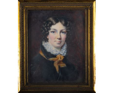 Attributed to Matilda Jones (British, fl. circa 1825-1843)A miniature portrait of a young lady, circa 1825wearing a white lac