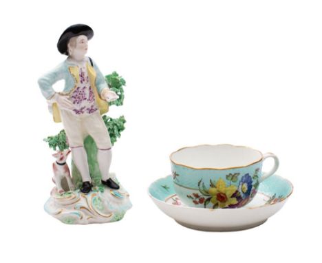 A Derby porcelain figure of the Garland Shepherd, modelled standing before a stump with a letter in his left hand and a dog a
