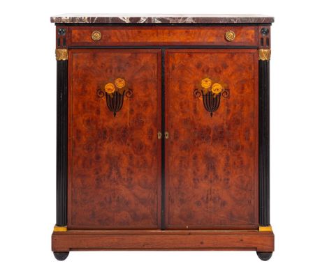 A burr walnut, marquetry and marble topped side cabinet in early Art Deco style, probably French, circa 1925; the marmo rosso