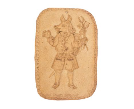 A Trusty Servant relief moulded stoneware wall panel, 20th century; the rectangular backplate with rounded corners and impres