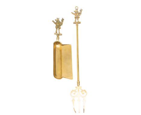 A Victorian brass toasting fork, late 19th century, the candle openwork cast with the Trusty Servant; with plain shaft and th